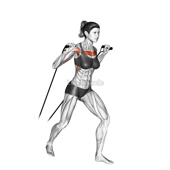 Band standing incline chest press demonstration